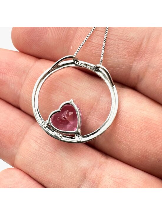 Royal CZ Heart & Gem Kids / Children 10K White Gold Womens Necklace Pink CZ Heart Circle Pendant 18\